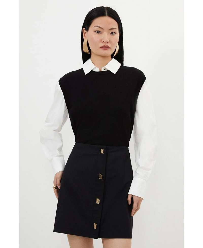 Karen Millen Women's Techno Cotton Gold Clasp Skirt