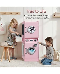 Best Choice Products Pretend Play Kids Wooden Stacked Washer and Dryer Set w/ Toy Laundry Storage Accessories