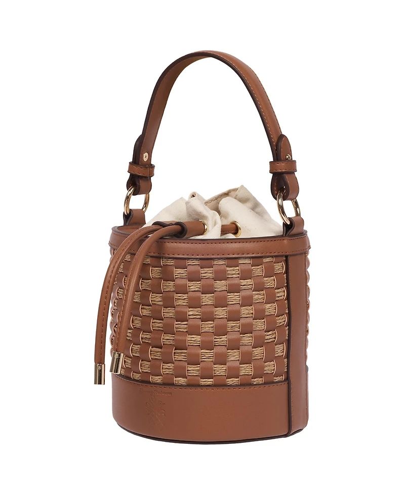 Tommy Bahama Raffia and Woven Drawstring Bucket Bag - Convertible Top Handle and Crossbody