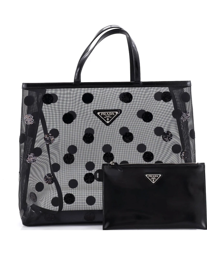Pre-Owned Prada Large Logo Open Tote Polka Dot Sequined Mesh