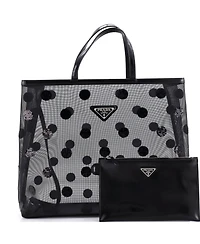Pre-Owned Prada Large Logo Open Tote Polka Dot Sequined Mesh