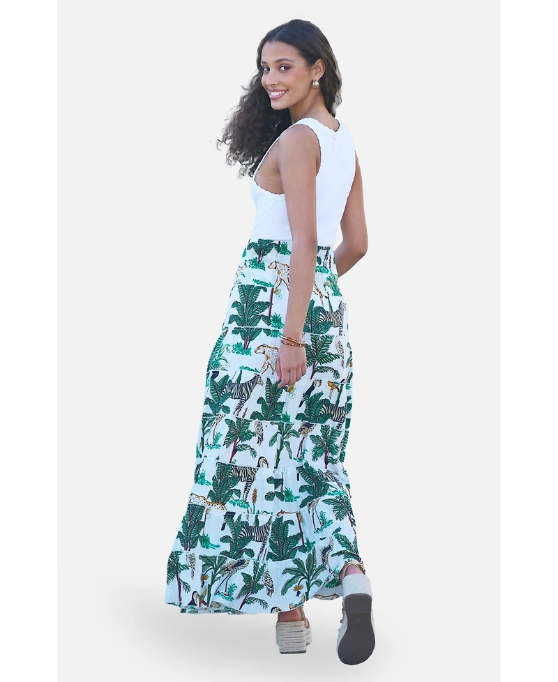 Yumi Women's Animal Print Cotton Tiered Maxi Skirt