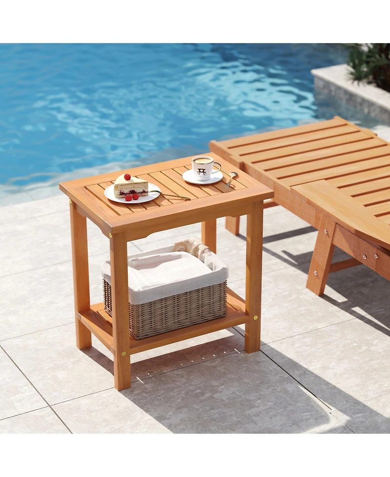 Gymax Outdoor Acacia Wood Side Table 2-Tier Patio End Table w/ Slatted Tabletop