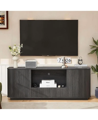 Rainsken 64" Fluted Tv Stand, Mid Century Modern Entertainment Center with 2 Doors, 1 Drawer and Open Shelf, Media Console Table for Living Room