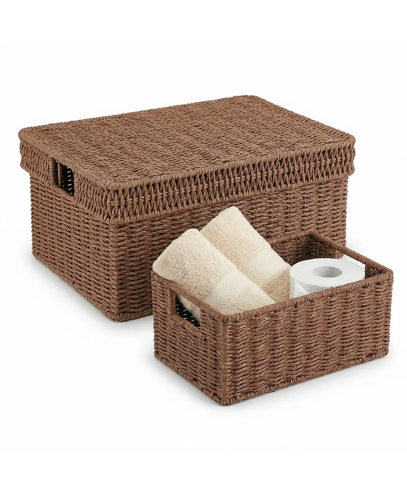 Yigii Wicker Storage Baskets With Lids 3-Piece Set Premium Plastic Rattan Handcrafted Organizing Bins for Home Decor
