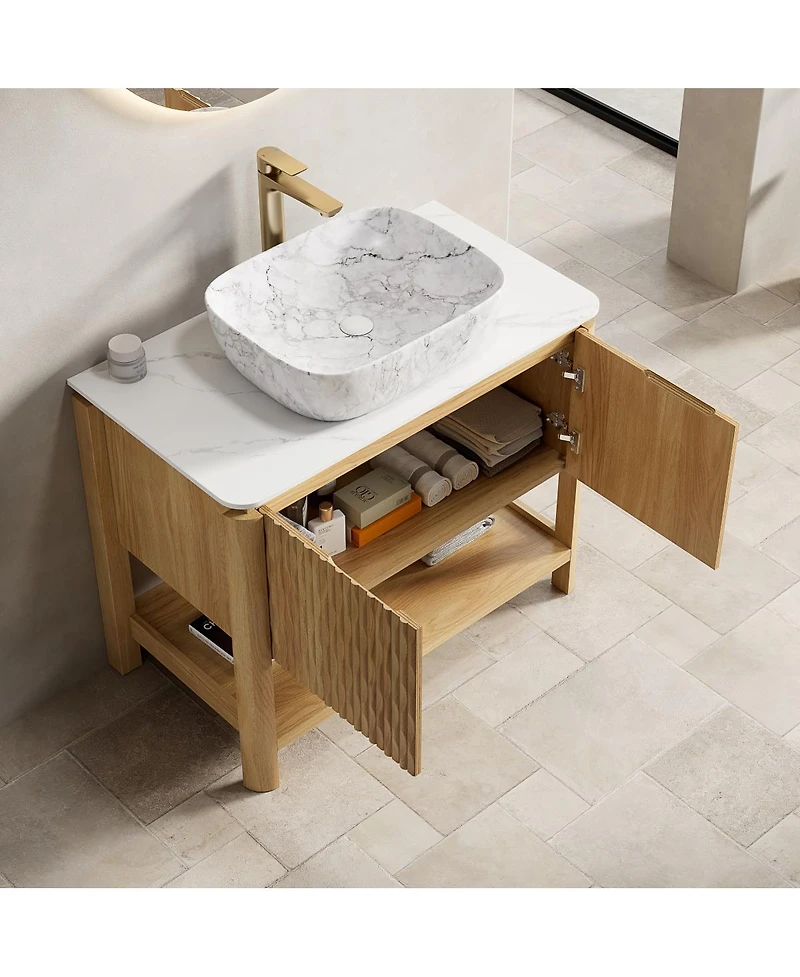 Sillysis Modern Bathroom Vanity with Fluted Solid Wood Doors, Carrara Sintered Stone Top