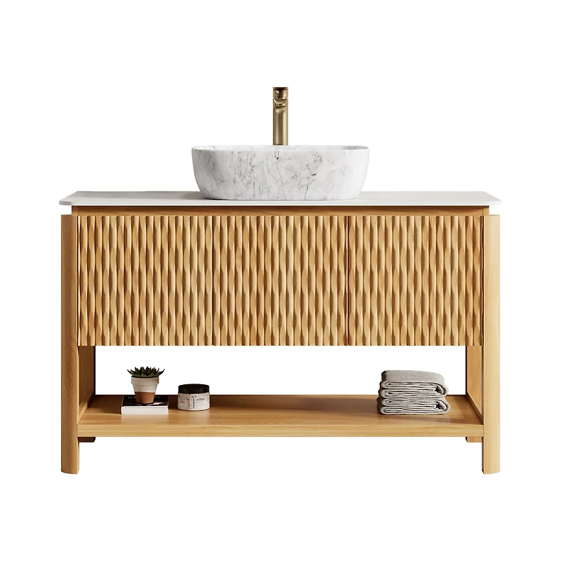 Sillysis Modern Bathroom Vanity with Fluted Solid Wood Doors, Carrara Sintered Stone Top
