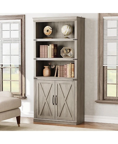 gaomon 68.7" 5-Tier Farmhouse Wooden Bookcase with Cabinet Doors, Bookshelf for Home and Bedroom