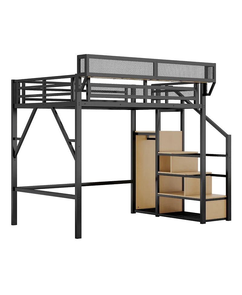 Streamdale Furniture Full Size Loft Bed with Stairs, Metal, Wardrobe