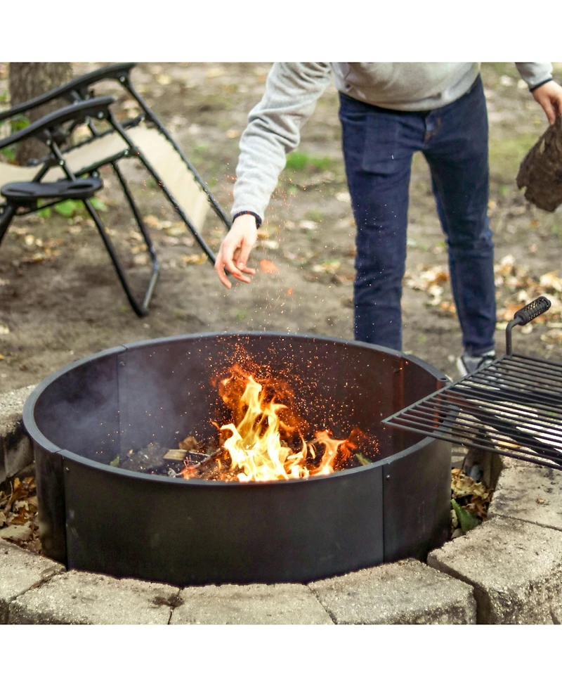 Outdoor Heavy-Duty Steel Portable Campfire Ring with Cooking Grate and Fire Poker - 36" - Black