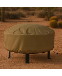 Round Outdoor Fire Pit Cover - Heavy-Duty 300D Polyester and Pvc with Drawstring Closure - Khaki