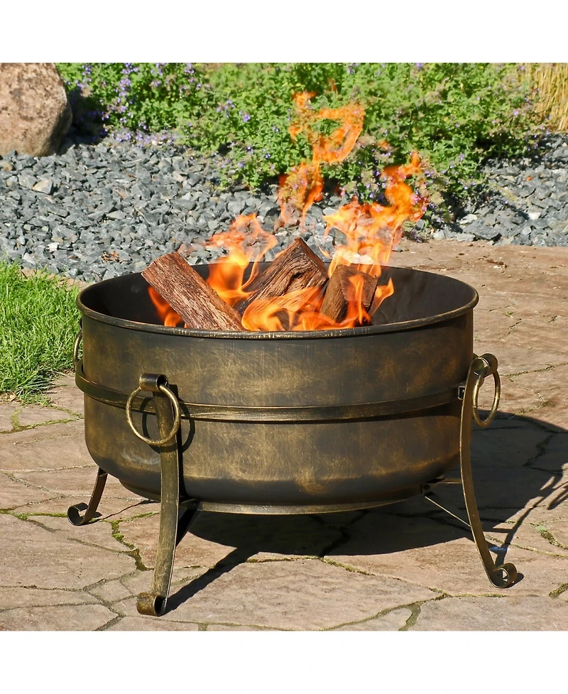 Outdoor Camping or Backyard Round Cauldron Fire Pit with Spark Screen, Log Poker