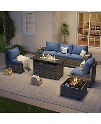 Aoxun 7-Piece Wicker Outdoor Sectional Sofa Set with Cushions with Propane Fire Pit Table