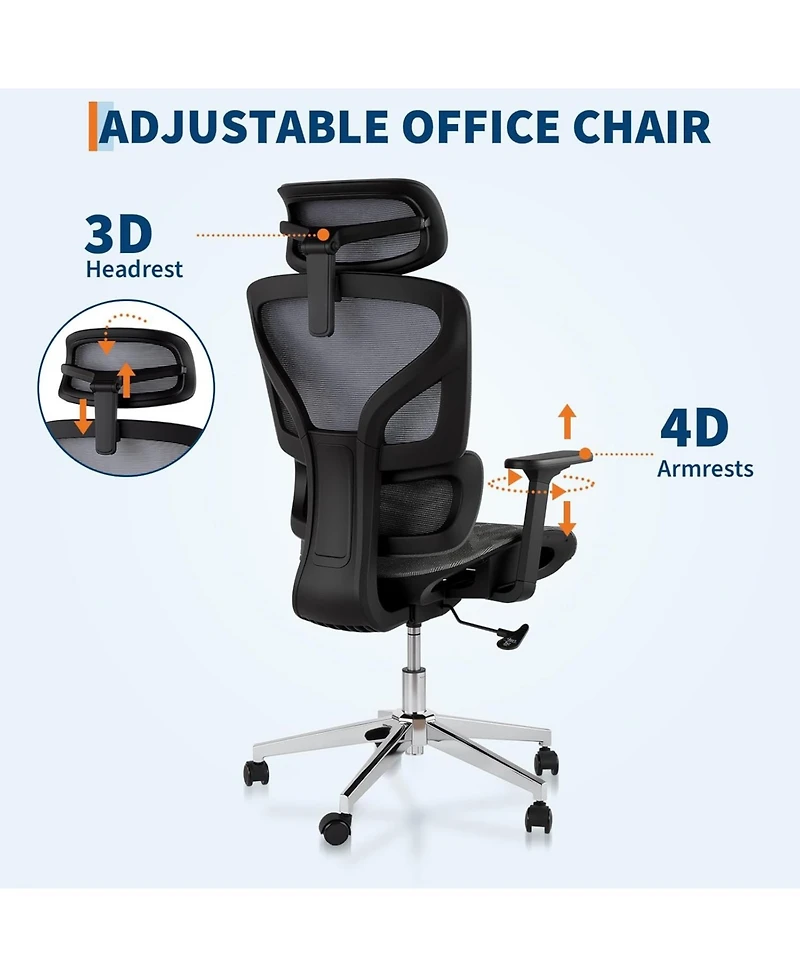 gaomon 1-Piece Mesh Ergonomic High-Back Office Chair with 3D Adjustable Armrests and Smooth-Rolling Wheels