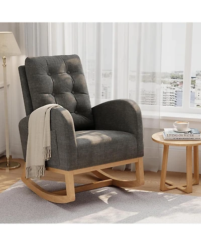 gaomon Nursery Rocking Chair,Linen Fabric Upholstery,Sturdy Wooden Legs and High Backrest,Comfortable Glider Rocking Chair for Living Room