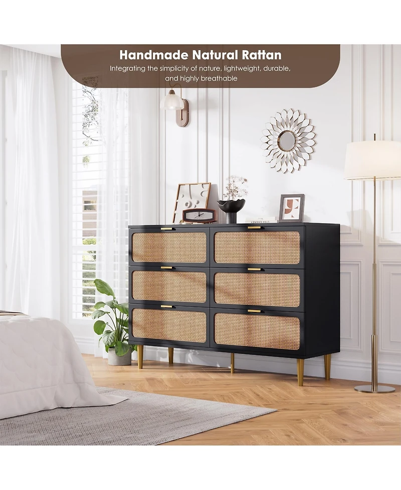 gaomon Rattan 6 Drawer Dressers for Bedroom, Large Double Dresser with Deep Drawers