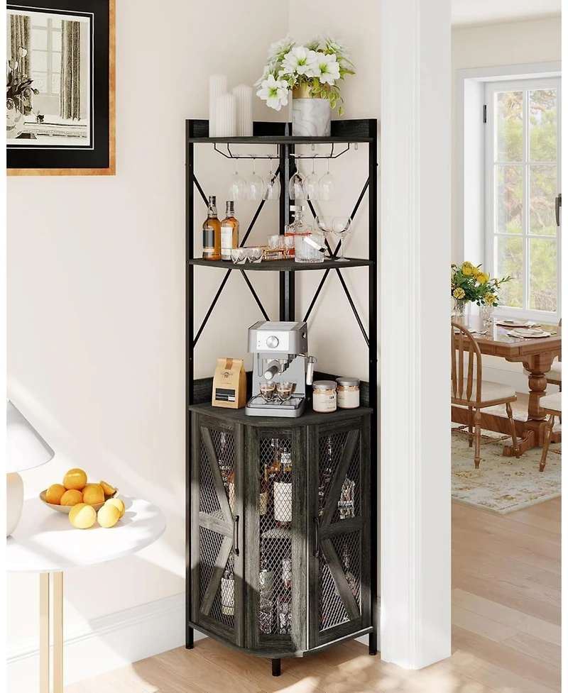 gaomon Corner Wine Cabinet with Power Outlet, Led Strip and Glass Holder, Industrial 5 Tier Liquor Bar