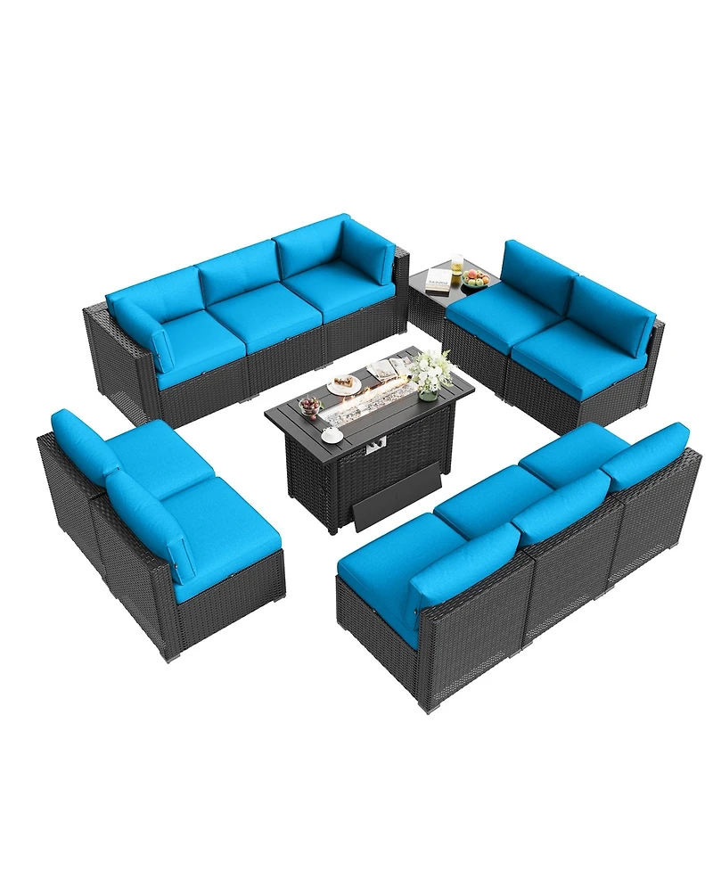 Aoxun 12-Piece Outdoor Wicker Patio Conversation Set with 44" Propane Fire Pit Table and Cushions