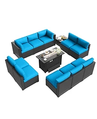 Aoxun 12-Piece Outdoor Wicker Patio Conversation Set with 44" Propane Fire Pit Table and Cushions