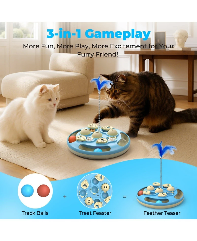 Aronkl Cat Puzzle Toys 3-in-1 Track Balls Teaser Feeder Non-slip Mental Enrichment Slow Feeding Indoor Cats Gift