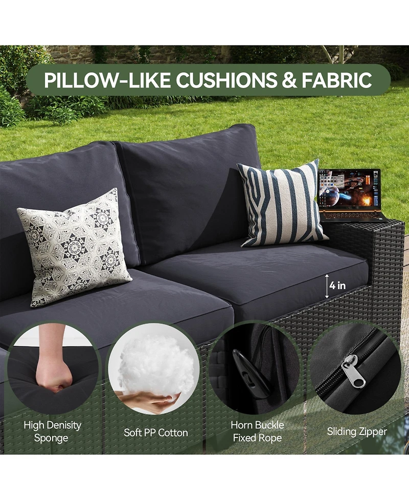 Aoxun 7-Piece Wicker Outdoor Sectional Sofa Set with Black Cushions with 44" Propane Fire Pit Table