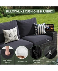 Aoxun 7-Piece Wicker Outdoor Sectional Sofa Set with Black Cushions with 44" Propane Fire Pit Table