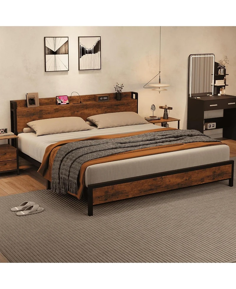 gaomon Metal Bed Frame with Charging Station, Wood Headboard and Footboard, Heavy-Duty Platform
