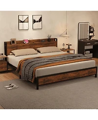 gaomon Metal Bed Frame with Charging Station, Wood Headboard and Footboard, Heavy-Duty Platform
