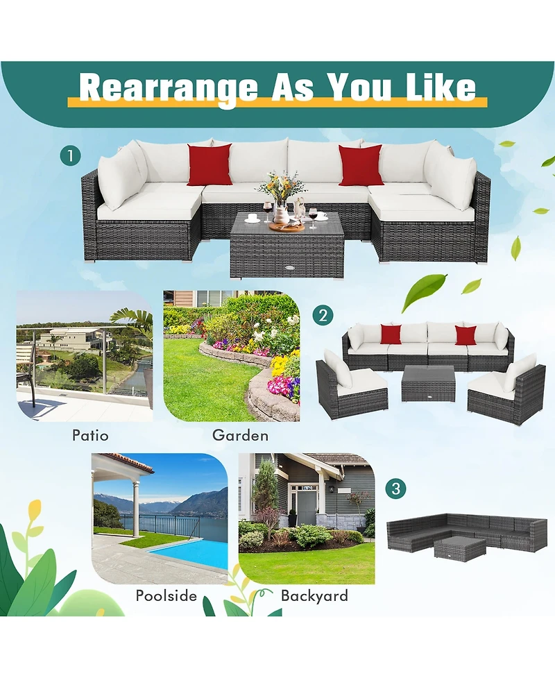 Costway 7Pieces Patio Rattan Furniture Set Sectional Sofa Cushioned Garden