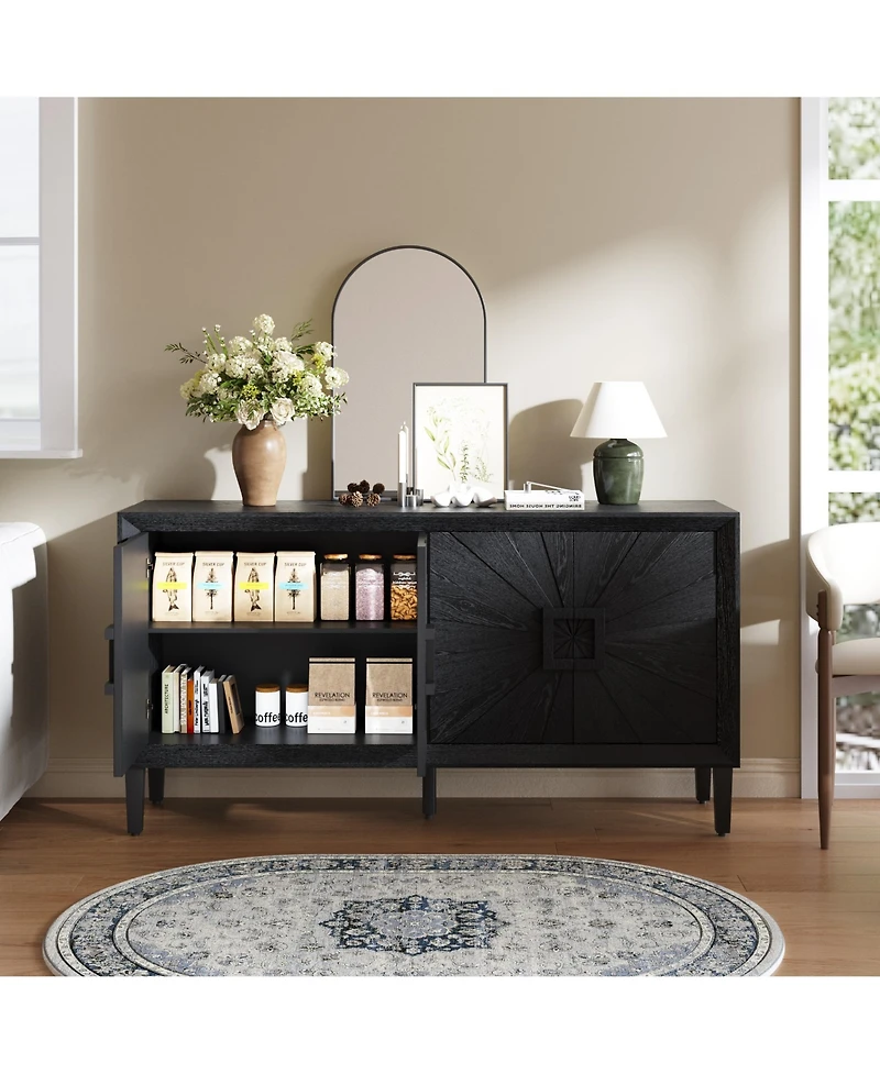 Rainsken Wood Storage Cabinet, Farmhouse Buffet Sideboard with Symmetrical Sunburst Door Design and Adjustable Shelves for Living Room