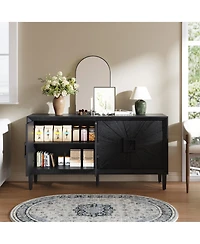 Rainsken Wood Storage Cabinet, Farmhouse Buffet Sideboard with Symmetrical Sunburst Door Design and Adjustable Shelves for Living Room
