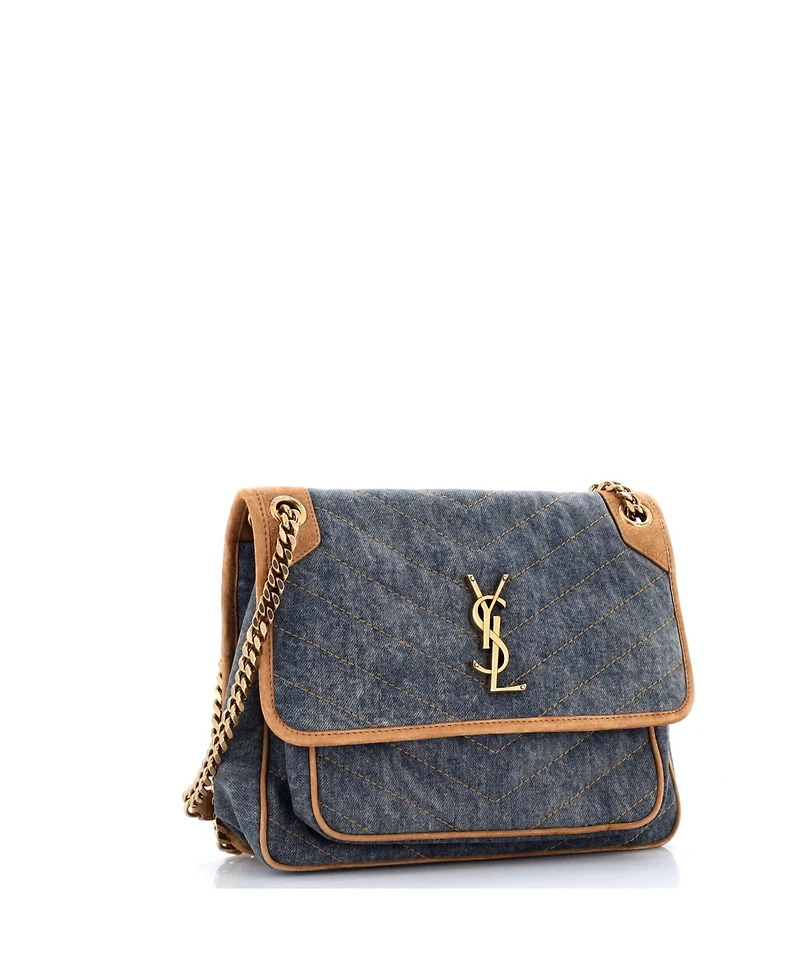 Pre-Owned Saint Laurent Medium Niki Chain Flap Bag Matelasse Chevron Denim with Suede