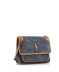 Pre-Owned Saint Laurent Medium Niki Chain Flap Bag Matelasse Chevron Denim with Suede