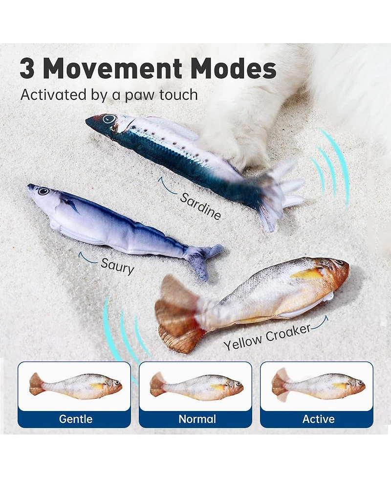 Aronkl 3 Pack Interactive Flopping Fish Cat Toys Tap-Activated Rechargeable Realistic 3 Flapping Modes Durable Plush