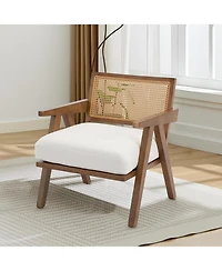 gaomon Mid-Century Farmhouse Accent Chair - Wood Armchair with Rattan Backrest and Linen Cushion for Living Room, Bedroom