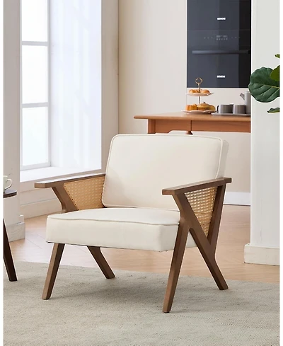 gaomon Mid-Century Modern Accent Chair,Linen Upholstered Vintage Rattan Vanity Chair Cute Reading Arm Chair Wood Frame for Lounge,Living Room,Bedroom.