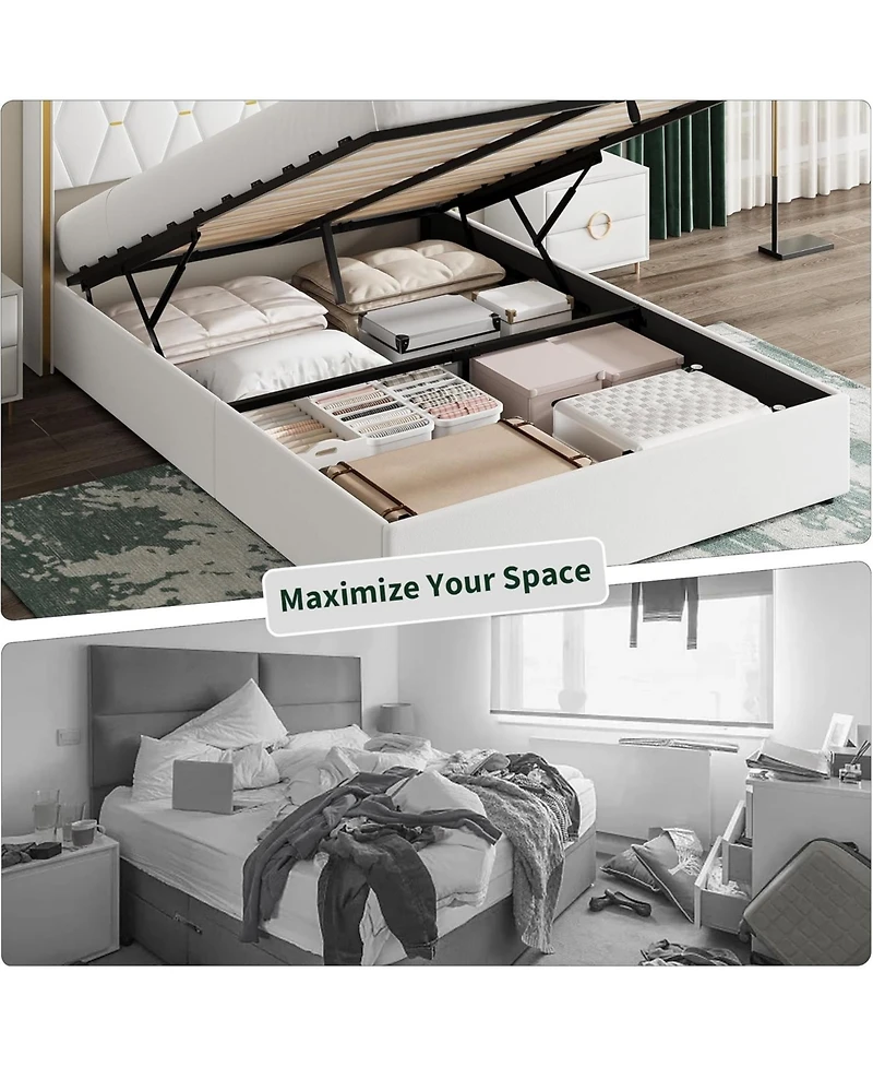 gaomon Full Lift-Up Storage Bed Frame with Tufted Headboard and Gold Trim, Upholstered Platform