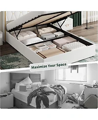 gaomon Full Lift-Up Storage Bed Frame with Tufted Headboard and Gold Trim, Upholstered Platform