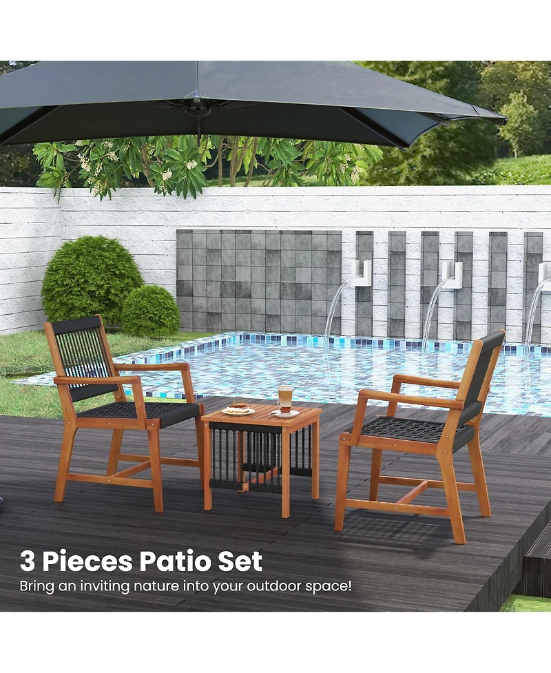 Gymax 3 Pieces Solid Acacia Wood Patio Set All-Weather Rope Woven Chair Garden Poolside