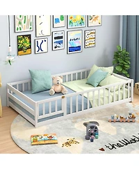Gouun Twin Size Kids Montessori Floor Bed with Lockable Door and Fence Guardrails