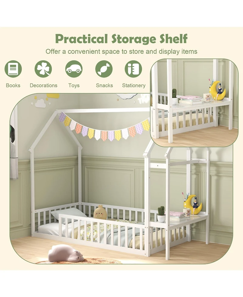 Gouun Twin Size Montessori House Floor Bed with Clothes Hanger and Storage Shelf