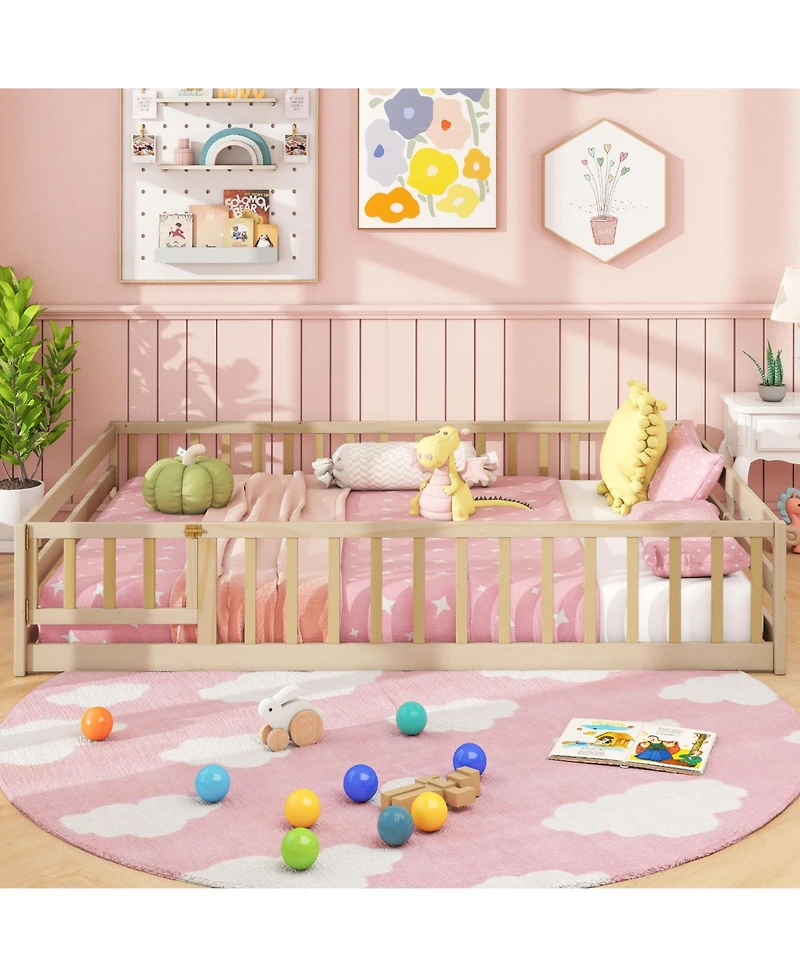 Gouun Full Size Montessori Floor Bed with Full-Length Safety Guardrails and Door
