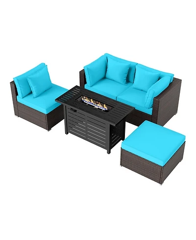 Gouun 5-Piece Rattan Sectional with 60,000 Btu Firepit Coffee Table and Ottoman