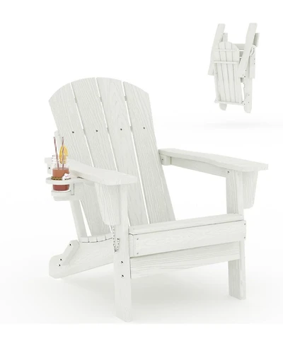 gaomon Hdpe Folding Adirondack Chair with Cup Holder Wood Grain Weather Resistant for Patio Deck Fire Pit
