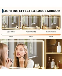 Homfan Vanity Desk with Mirror, Makeup Vanity Table with Shelves, 4 Fabric Drawers Storage, Modern Dressing Table for Bedroom, Gift for Women