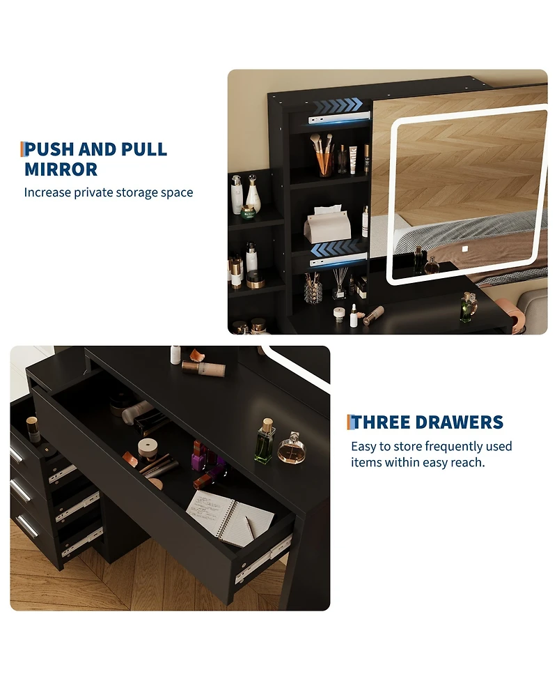 Homfan Sliding Mirror Vanity Set with 3-Level Adjustable Lighting, Stool, Power Outlet, Hairdryer Holder, and Storage Cabinet