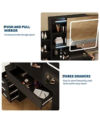 Homfan Sliding Mirror Vanity Set with 3-Level Adjustable Lighting, Stool, Power Outlet, Hairdryer Holder, and Storage Cabinet