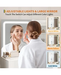 Homfan Modern Vanity Desk with Mirror and Led Lights - Built-in Outlets 4 Drawers Storage Stool Hair Dryer Holder Makeup Dressing Table