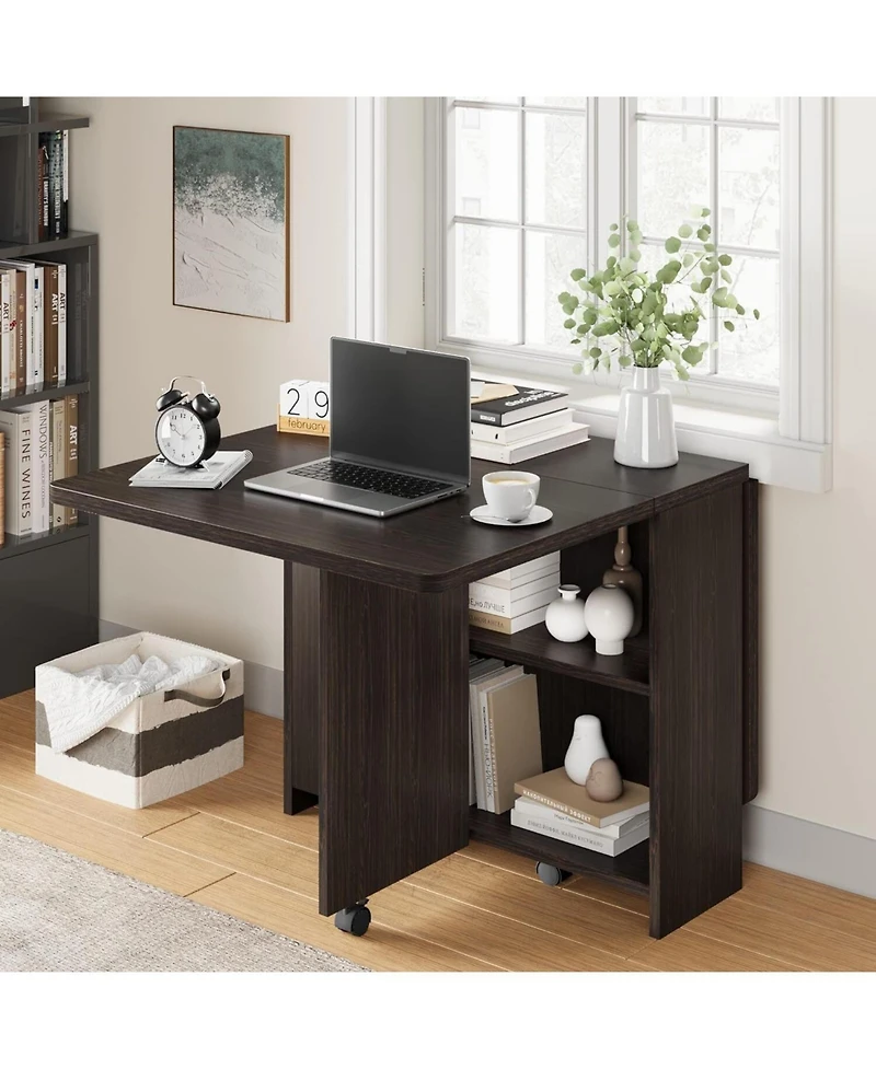 gaomon Folding 4-Person Farmhouse Dining Table with Storage and Wheels
