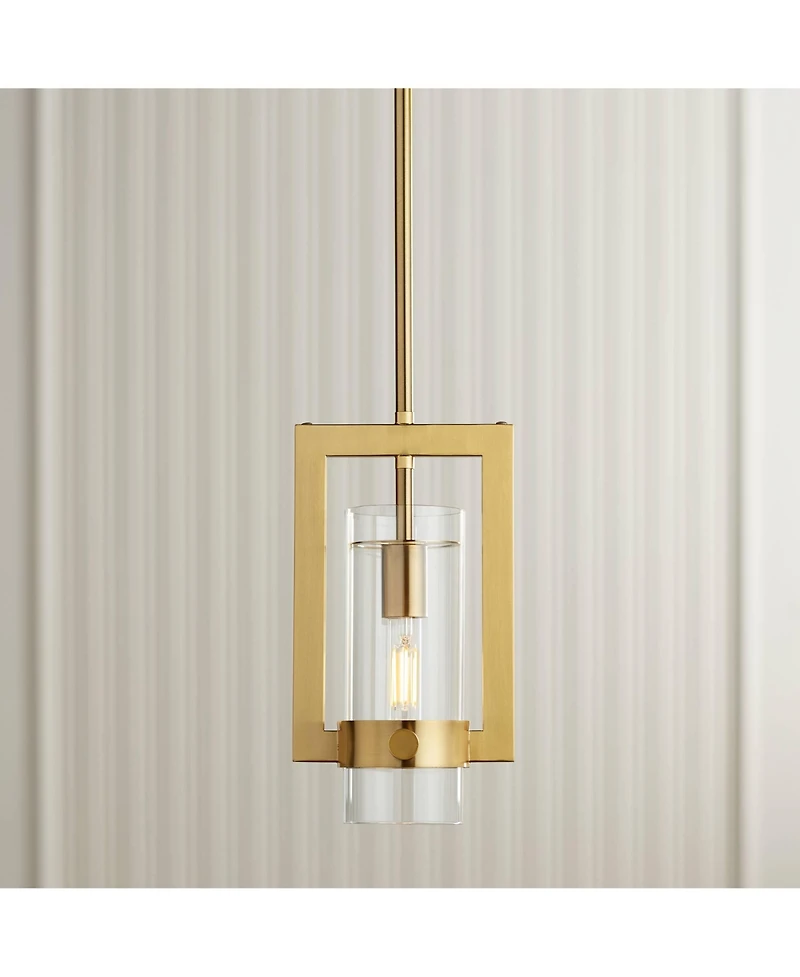 Possini Euro Design Camden Brass Mini Pendant Wide Modern Open Rectangle Clear Glass Fixture for Dining Room Kitchen Island